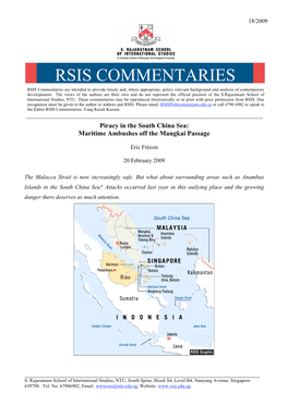 RSIS COMMENTARIES RSIS Commentaries Are Intended to Provide Timely And, Where Appropriate, Policy Relevant Background and Analysis of Contemporary Developments