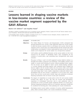 Lessons Learned in Shaping Vaccine Markets in Low-Income Countries: a Review of the Vaccine Market Segment Supported by the GAVI Alliance