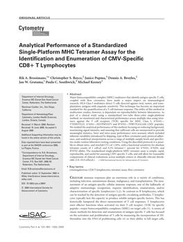 Analytical Performance of a Standardized Single-Platform MHC Tetramer Assay for the Identification and Enumeration of CMV-Specific CD81 T Lymphocytes