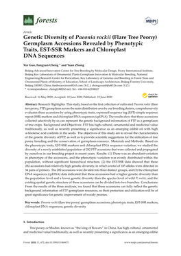 Genetic Diversity of Paeonia Rockii (Flare Tree Peony) Germplasm Accessions Revealed by Phenotypic Traits, EST-SSR Markers and Chloroplast DNA Sequences