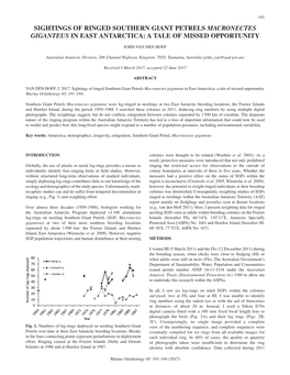 Sightings of Ringed Southern Giant Petrels Macronectes Giganteus in East Antarctica: a Tale of Missed Opportunity