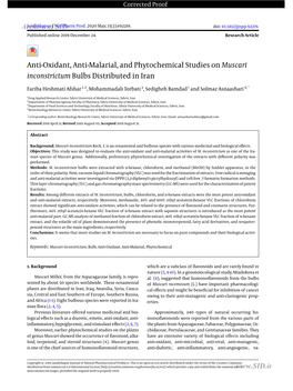 Anti-Oxidant, Anti-Malarial, and Phytochemical Studies on Muscari Inconstrictum Bulbs Distributed in Iran