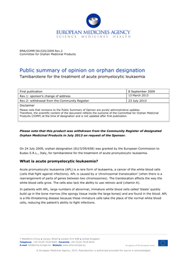 Public Summary of Opinion on Orphan Designation Tamibarotene for the Treatment of Acute Promyelocytic Leukaemia