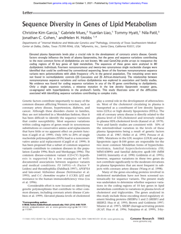 Sequence Diversity in Genes of Lipid Metabolism Christine Kim Garcia,1 Gabriele Mues,2 Yuanlan Liao,1 Tommy Hyatt,1 Nila Patil,3 Jonathan C