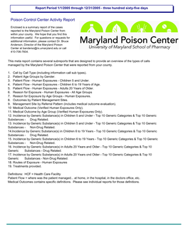 Poison Control Center Activity Report