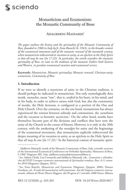 Monasticism and Ecumenism: the Monastic Community of Bose A