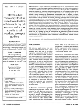 Patterns in Bird Community Structure Related to Restoration of Minnesota Dry Oak Savannas and Across a Prairie to Oak Woodland E