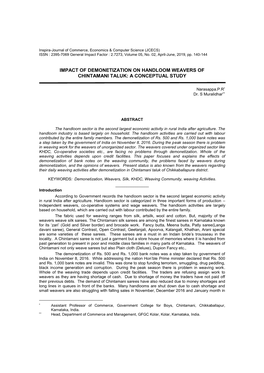 Impact of Demonetization on Handloom Weavers of Chintamani Taluk: a Conceptual Study