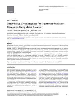 Intravenous Clomipramine for Treatment-Resistant Obsessive-Compulsive Disorder Wael Karameh Karameh, MD; Munir Khani