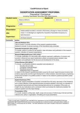 DISSERTATION ASSESSMENT PROFORMA: Theoretical / Conceptual (Including: Desk-Based, Secondary Data, Meta-Analysis) Student Name: Student ID: Rebecca Williams 20021104