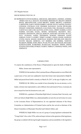 ENROLLED 2017 Regular Session HOUSE RESOLUTION NO. 54 by REPRESENTATIVES BARRAS, ABRAHAM, ABRAMSON, AMEDEE, ANDERS, ARMES, BACAL