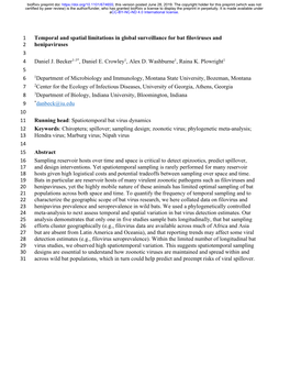 Temporal and Spatial Limitations in Global Surveillance for Bat Filoviruses and 2 Henipaviruses 3 4 Daniel J