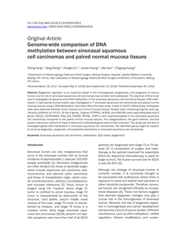 Original Article Genome-Wide Comparison of DNA Methylation Between Sinonasal Squamous Cell Carcinomas and Paired Normal Mucosa Tissues