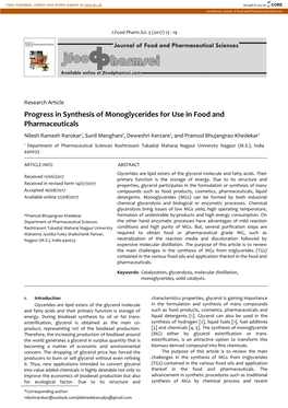 Progress in Synthesis of Monoglycerides for Use in Food and Pharmaceuticals