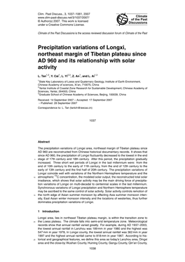 Precipitation Variations of Longxi, Northeast Margin of Tibetan Plateau Since AD 960 and Its Relationship with Solar Activity