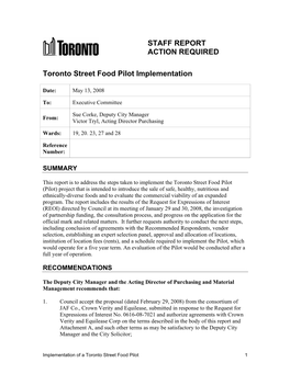 STAFF REPORT ACTION REQUIRED Toronto Street Food Pilot