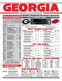 Bulldogs UGA Under Head Coach Mark Fox: 4 20-Win Seasons • 5 Postseason Bids • 30 UGA Graduates • 3 NBA Draft Picks 2017-18 SCHEDULE GEORGIA: 12-6, 3-4 VS