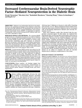 Decreased Cerebrovascular Brain-Derived Neurotrophic Factor–Mediated Neuroprotection in the Diabetic Brain