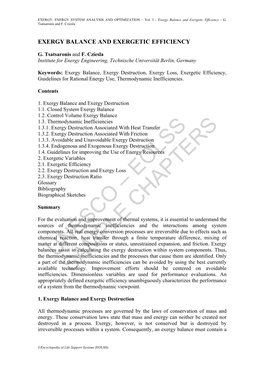 Exergy Balance and Exergetic Efficiency - G