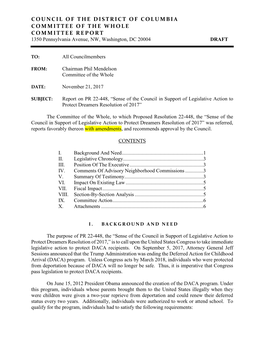 COUNCIL of the DISTRICT of COLUMBIA COMMITTEE of the WHOLE COMMITTEE REPORT 1350 Pennsylvania Avenue, NW, Washington, DC 20004 DRAFT