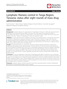 Lymphatic Filariasis Control in Tanga Region, Tanzania: Status After Eight Rounds of Mass Drug Administration