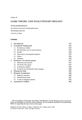 Game Theory and Evolutionary Biology 1