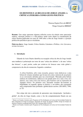 Os Defeitos E As Belezas De Jorge Amado: a Crítica Literária Como Gesto Político