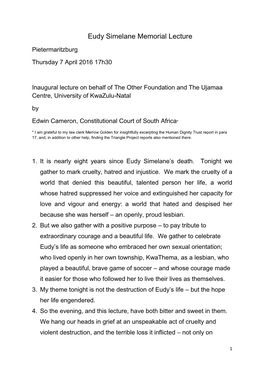 Eudy Simelane Memorial Lecture , Thursday 07