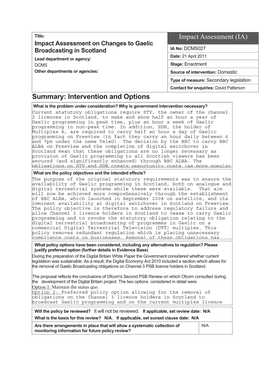 Impact Assessment on Changes to Gaelic Broadcasting in Scotland