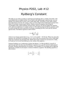 Physics P202, Lab #12 Rydberg's Constant