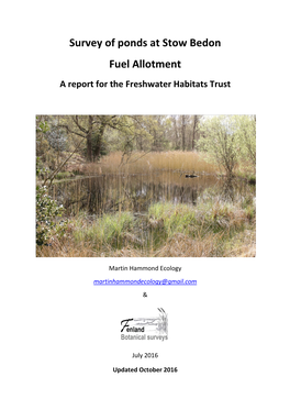 Survey of Ponds at Stow Bedon Fuel Allotment a Report for the Freshwater Habitats Trust