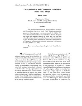 Physico-Chemical and Cyanophitic Variation of Motia Tank, Bhopal