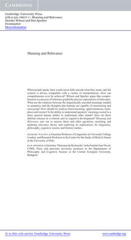 Meaning and Relevance Deirdre Wilson and Dan Sperber Frontmatter More Information