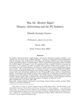 Was Mr. Hewlett Right? Mergers, Advertising and the PC Industry