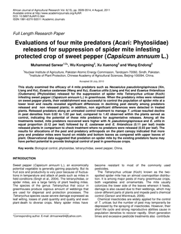Evaluations of Four Mite Predators (Acari: Phytosiidae) Released for Suppression of Spider Mite Infesting Protected Crop of Sweet Pepper (Capsicum Annuum L.)