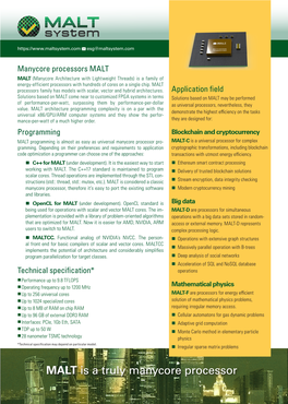 MALT Is a Truly Manycore Processor  Esg@Maltsystem.Com ✆ +7 (495) 133 6248