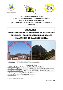 Développement Du Tourisme Et Patrimoine Culturel : Cas Des Communes Rurales D’Alarobia Et D’Ambatomanga »