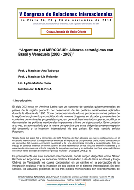 Argentina Y El MERCOSUR: Alianzas Estratégicas Con Brasil Y Venezuela (2003 - 2009)”