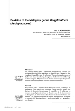 Revision of the Malagasy Genus Calyptranthera (Asclepiadaceae)