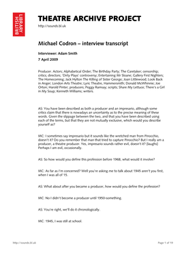 Theatre Archive Project: Interview with Michael Codron