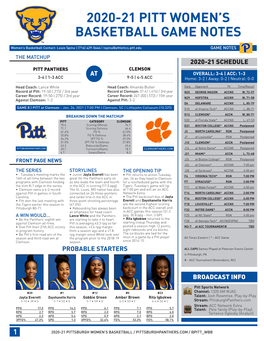 2020-21 Pitt Women's Basketball Game Notes