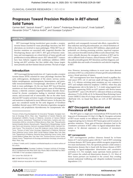 Progresses Toward Precision Medicine in RET-Altered Solid Tumors Carmen Belli1, Santosh Anand2,3, Justin F