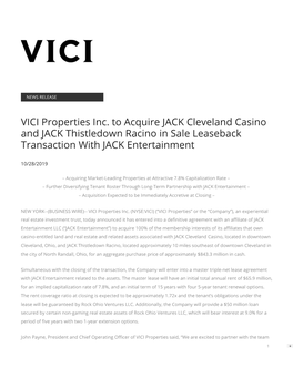 VICI Properties Inc. to Acquire JACK Cleveland Casino and JACK Thistledown Racino in Sale Leaseback Transaction with JACK Entertainment