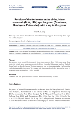 Revision of the Freshwater Crabs of the Johora Tahanensis (Bott, 1966) Species Group (Crustacea, Brachyura, Potamidae), with a Key to the Genus