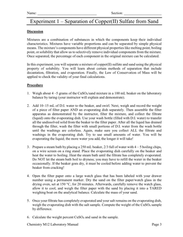 Experiment 1 – Separation of Copper(II) Sulfate from Sand