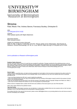 Stroma: Fertile Soil for Inflammation', Best Practice & Research: Clinical Rheumatology, Vol