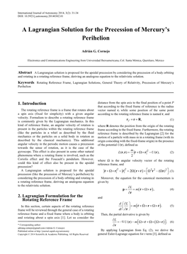 A Lagrangian Solution for the Precession of Mercury's Perihelion