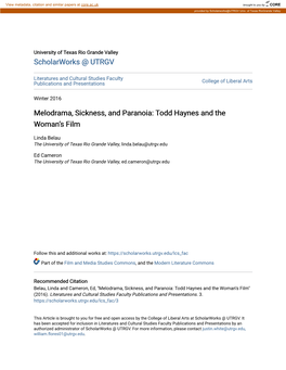 Melodrama, Sickness, and Paranoia: Todd Haynes and the Woman’S Film