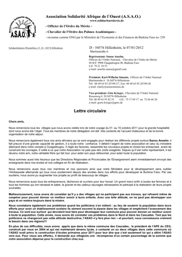 Association Solidarité Afrique De L`Ouest (A.S.A.O.) Lettre Circulaire