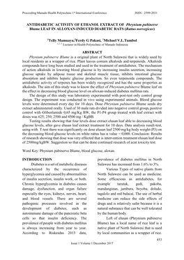 ANTIDIABETIC ACTIVITY of ETHANOL EXTRACT of Phrynium Pubinerve Blume LEAF in ALLOXAN-INDUCED DIABETIC RATS (Rattus Norvegicus)